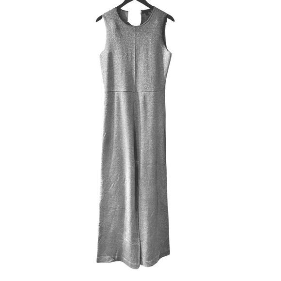 J. Crew Pants - J Crew Metallic Lurex Disco Jumpsuit M Silver Stretch Knit Sleeveless Tie Neck